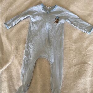 Luna and Arlo Blue Footed One Piece with cowboy boot